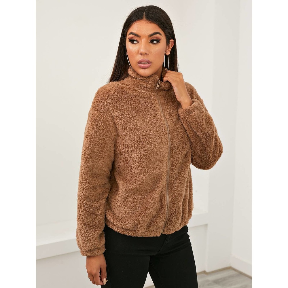 stand collar faux fur Zip Up Teddy Jacket teddy coat fall winter tan camel brown - Picture 6 of 10